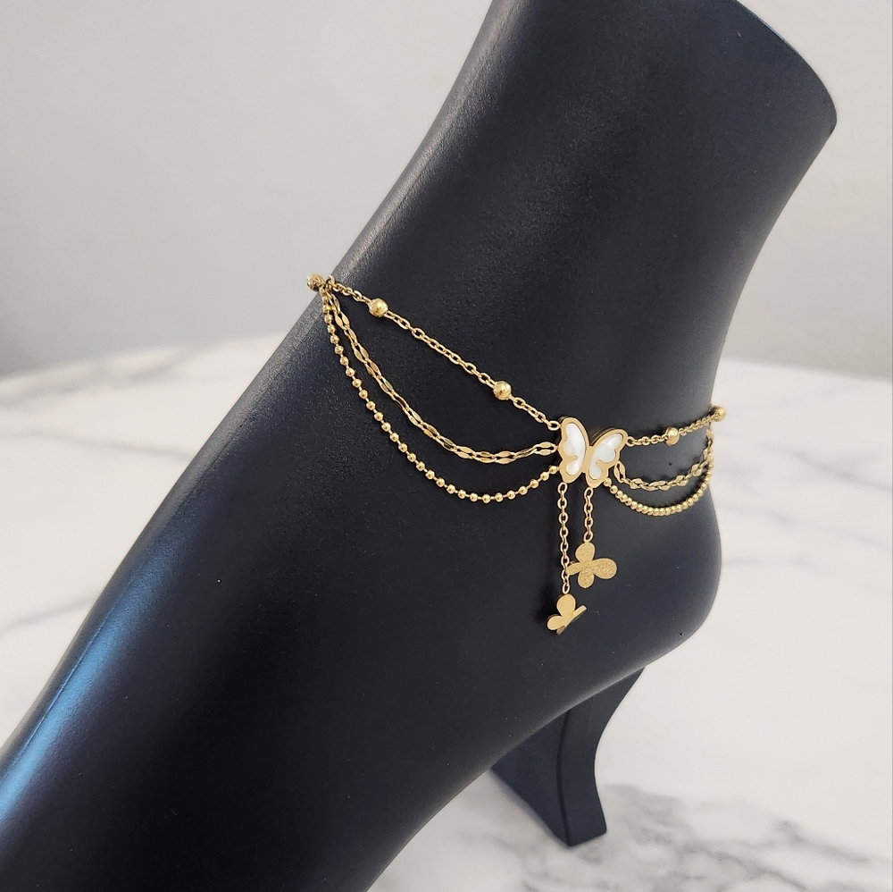 Gold & Mother Of Pearl Layered Butterfly Anklet - Picture 7 of 14